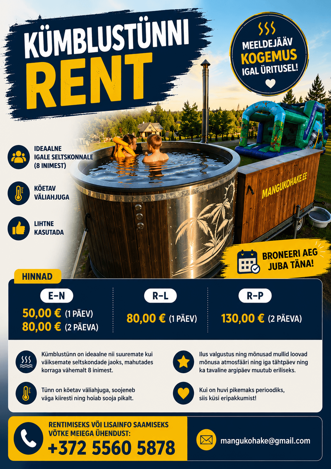Kümblustünni rendi plakat hindade, omaduste ja kontaktandmetega