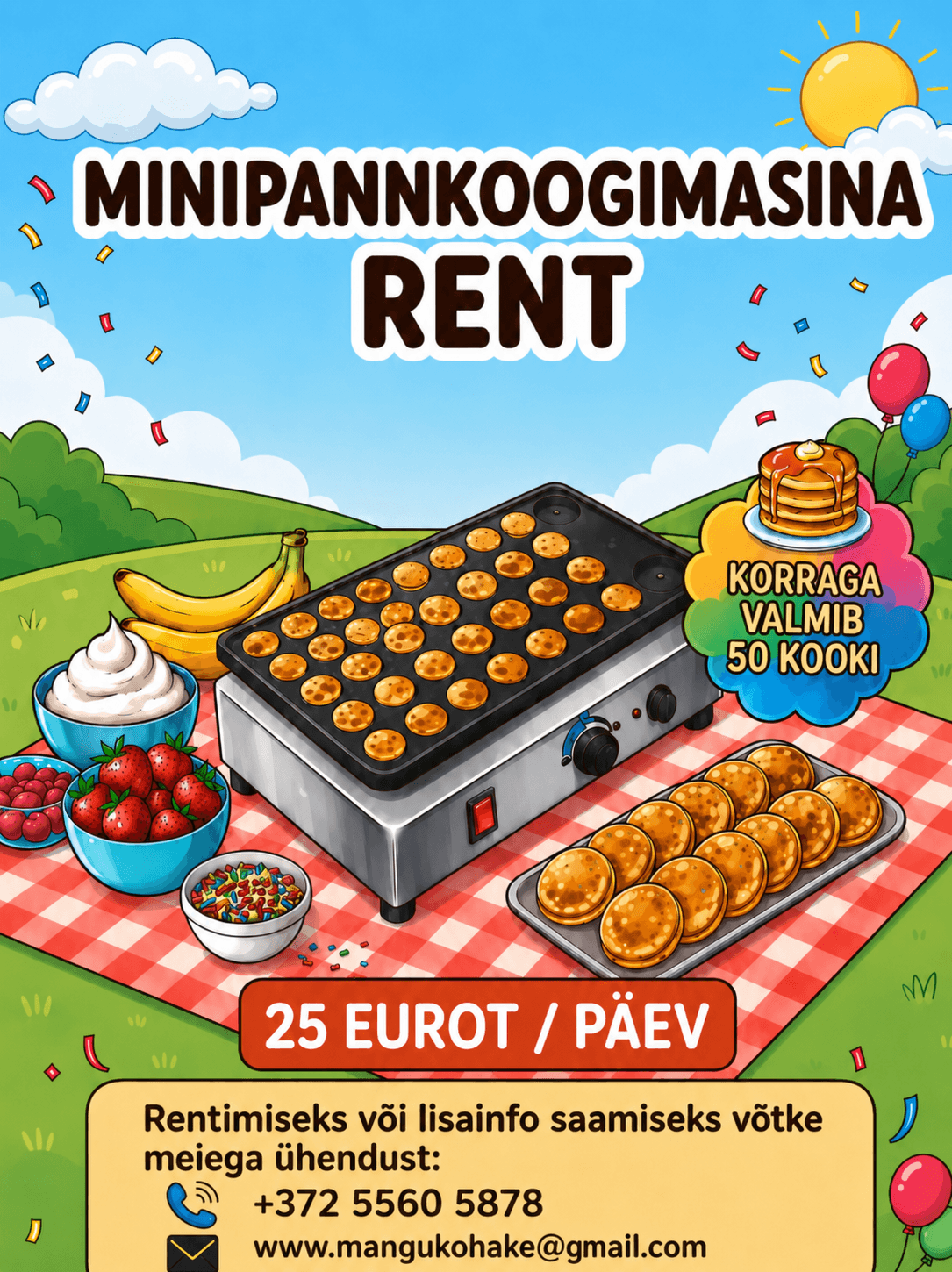Minipannkoogimasina rendi plakat: 25 eurot päev ja korraga valmib 50 kooki
